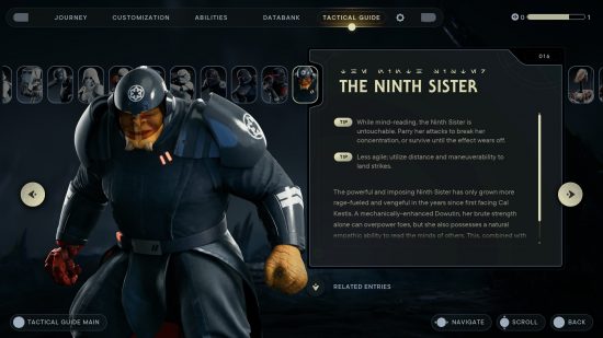 Девятая сестра, один из боссов джедаев Survivor, на экране журнала персонажей в игре, в черных доспехах и шлеме.
