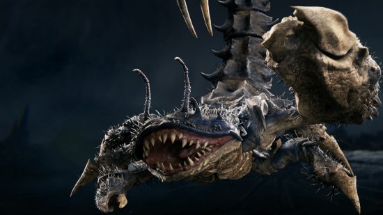 Skriton, a scorpion-like creature with one oversized claw, and one of the Jedi Survivor bosses, holds its claw up, its mouth open revealing large pointed teeth.