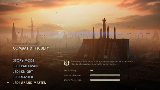 An in-game screen showing Jedi Grand Master mode, the hardest of the Jedi Survivor difficulty modes, with a full bar for enemy aggression and incoming damage, and a low bar for parry timing, on a backdrop of a beautiful landscape.