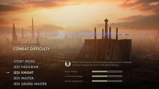 An in-game screen showing jedi knight mode, the middle-most of the Jedi Survivor difficulty modes, with bars for parry timing, enemy aggression, and incoming damage all in the middle, on a backdrop of a beautiful landscape.