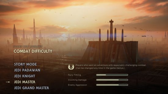 An in-game screen showing jedi master mode, the second most difficult of the Jedi Survivor difficulty modes, with a fairly low bar for parry timing, and an above middle bar for enemy aggression and incoming damage, on a backdrop of a beautiful landscape.