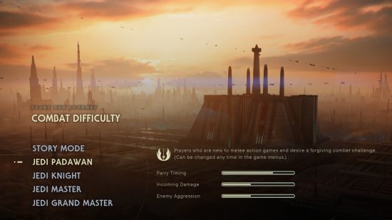 An in-game screen showing Jedi Padawan mode, the second easiest of the Jedi Survivor difficulty modes, with a nearly full bar for parry timing, and a low bar for enemy aggression and incoming damage, on a backdrop of a beautiful landscape.