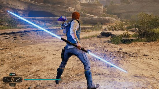 Jedi Survivor lightsaber stances: Cal Kestis holds a double-bladed lightsaber behind his back and readies for attack.