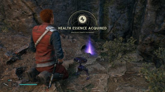 How to heal in Jedi Survivor: Cal Kestis kneels before a purple glow, text reads: "Health Essence acquired".