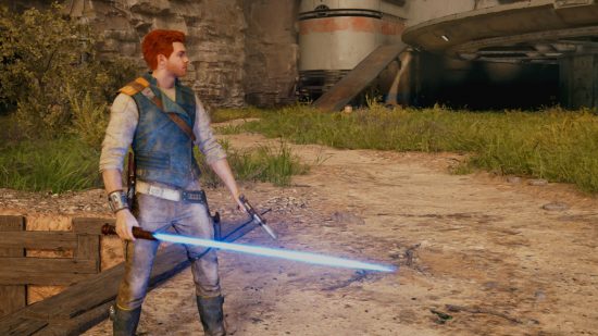 Jedi Survivor lightsaber stances: Cal Kestis holds a blue lightsaber in one hand and a blaster in the other.