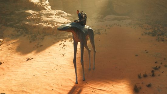 Cal Kestis rides through the desert atop a large Spamel, one of the Jedi Survivor mounts and a large creature with four very long legs.