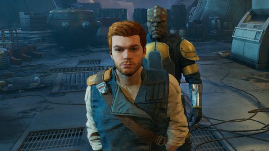 Jedi Survivor walkthrough: Cal Kestis, a ginger-haired man, is walking with his hands behind his back, as a green-skinned humanoid walks behind him.