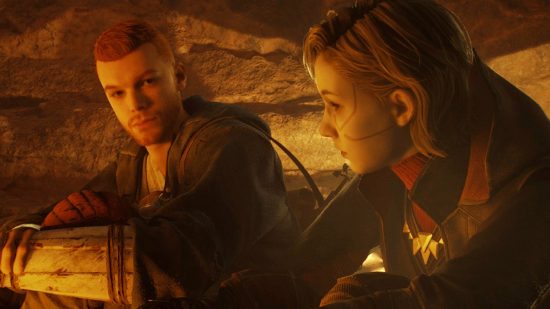 Jedi Survivor walkthrough: Two friends sit in a fire-lit cave in Star Wars Jedi Survivor.
