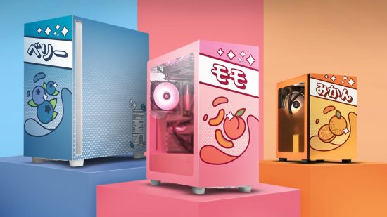 Image of juice box gaming PCs with blue, pink, and orange backdrop