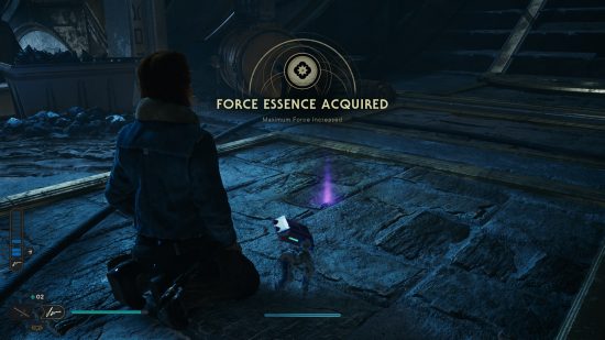 A ginger Jedi knees and meditations while the words 'Force Essence Aquired' appears on screen.