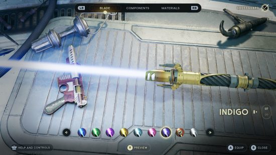 A lightsaber and a blaster sit on a bench while the character customises their colours in Star Wars Jedi Survivor.