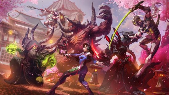 A group of heroes fighting against another group amid cherry blossoms with a stunning pagoda in the background