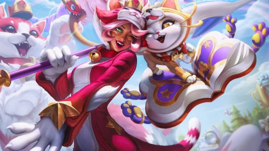 League of Legends patch notes - 13.7 update nerfs meta junglers, phew: A woman wearing a pink cat onesie goes shoulder to shoulder with a white cat wearing a shiba inu onesie standing on a floating open book as they wink at each other