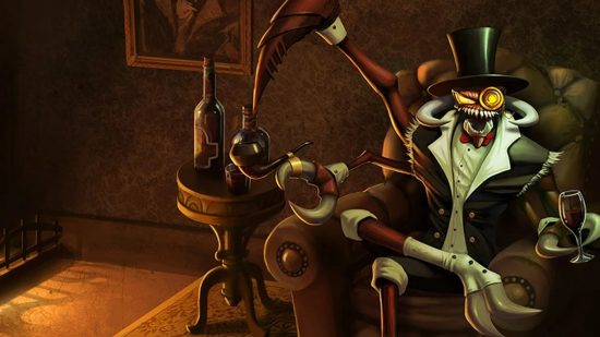 An alien creature with huge back protrusions and claws wearing a suit sitting cross-legged in a chair with a top hat and a monocle and a bottle of scotch on the table next to him with a fire lit in the background