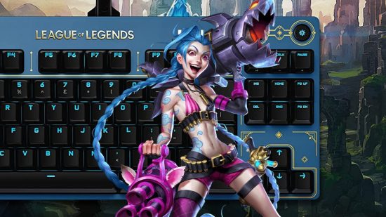 League of Legends Logitech keyboard deal: Jinx with keyboard in backdrop