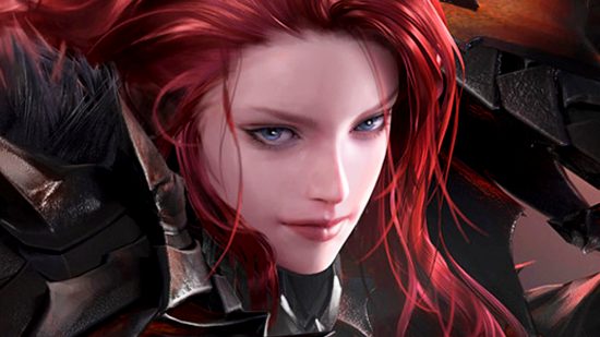 Lost Ark Slayer release date - a female Berserker with long, vibrant-red hair gives a stern look to the player as she raises a large greatsword.