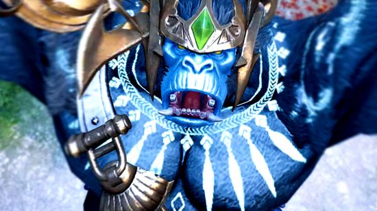 Lost Ark April update patch notes - Hanumatan, a giant blue ape-like figure in armour with a green diamond set on its helmet