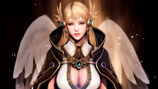 Lost Ark April update - Beatrice, a blonde, angel-winged figure in a white dress and black cloak