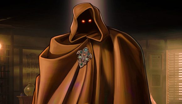 Mask of the Rose: An imposing figure wrapped in a brown cloak held together by an ornate pin stands before the player, a set of red eyes gleaming out from under the darkness of its hood.