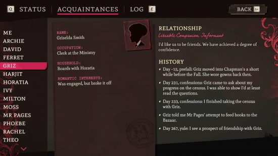 Mask of the Rose: The codex in Mask of the Rose, detailing the relationship the player currently has with Griselda Smith, alongside her occupation, household, and romantic interests.