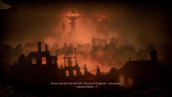 Mask of the Rose: The Fall of London as depicted in Failbetter Games' visual novel, an apocalyptic tableau wreathed in smoke, flames, and thousands of bats as eldritch spires loom above the city itself.