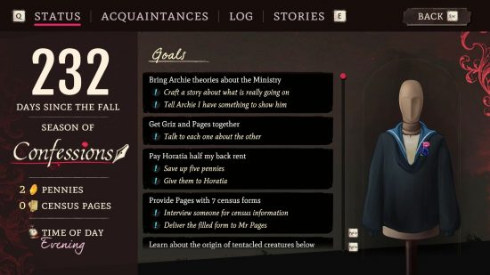 Mask of the Rose: The current goals of the player displayed in the journal, which includes running errands for the Ministry, paying your back rent, and learning the origins of tentacled creatures.