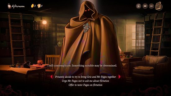 Mask of the Rose: The matchmaker system at work in Failbetter Games' dating sim, featuring a robed humanoid creature, its features obscured by pitch darkness under its hood, with the dialogue option to bring it and Griz together romantically selected.