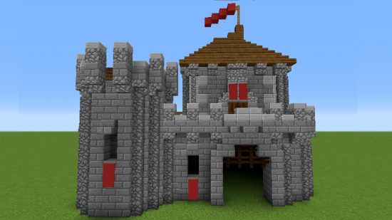 A simple, small Minecraft castle built in a flat world, with nothing but grass and sky behind it.