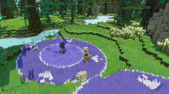 Minecraft Legends banner size: The circumference of the banner's range is depicted in a purple ring around the player in an otherwise green meadow peppered with golems and other mobs.