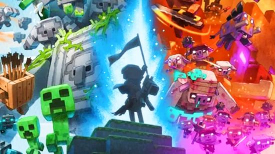 Minecraft Legends banner size: The chosen hero of Minecraft Legends, rearing on horseback with their banner held aloft as golem, creepers, and other mobs converge around them.