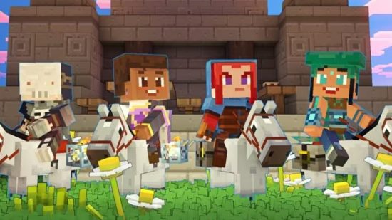 Minecraft Legends biomes: four blocky humanoids sit on their equally blocky horses.