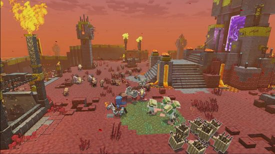 Minecraft Legends biomes: a blocky human sits on their blocky horses in a blood red field.
