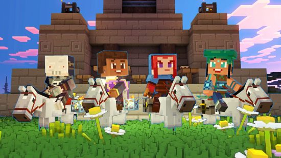 Minecraft Legends crossplay: For players sit astride horses, smiling at one another in a field of daisies as a stone structure looms behind them.