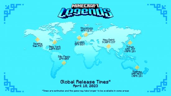 Minecraft Legends release time chart - April 18 at 9am PDT / 12pm EDT / 1pm BRT / 5pm BST / 6pm CEST / 9.30pm IST / 1am JST (Apr 19) / 3am AEDT (Apr 19)