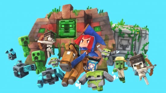 All Minecraft Legends mobs: The hero mobs of Minecraft Legends rush forth in defence, from the player hero on a horse mount, to the creepers and golems around them, all look ready for battle.