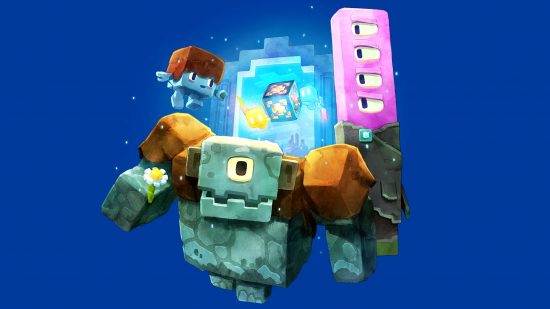 Minecraft Legends hosts mobs: The three Minecraft Legends hosts, action, foresight, and knowledge, burst through a portal, with a blue and yellow allay right behind them.