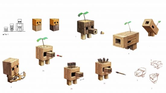 Minecraft Legends mobs: Concept art of the plank golem development, including progress of the design process from theiron golem, to the smaller Minecraft Legends golem designs.