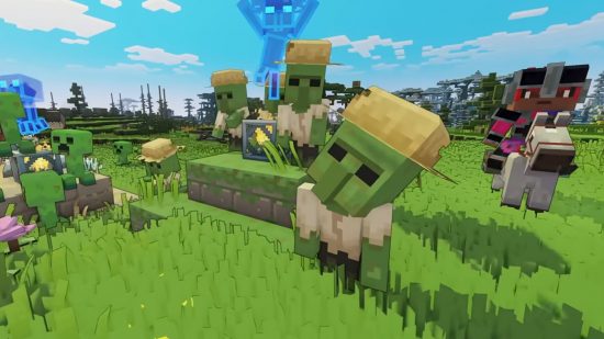 Minecraft Legends mobs: A few zombies stand around in the sun, each with farmers' hats protecting them from the daylight.