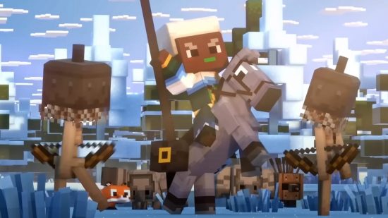 Minecraft Legends mounts: The player sits astride their noble steed while brandishing a flag into the air.