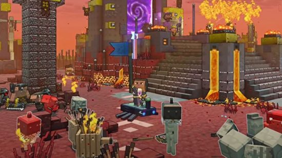 Minecraft Legends mount: The player brandishes their flag into the air while sitting astride the beetle mount that scuttles along the ground as zombies with bows surround them inside a lava fortress.