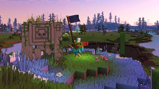 Minecraft Legends mounts: The player holds their flag aloft while sitting astride Big Beak, the tropical bird mount that resembles a toucan, as a stone golem wrapped with vines walks past.