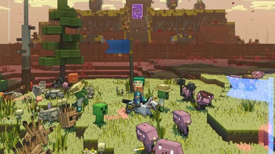 Minecraft Legends mounts: The player holds their flag aloft as piglins and creepers swarm the surrounding landscape, as a stone fortress looms behind them.