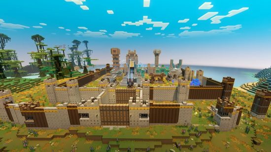 Minecraft Legends multiplayer: An upgraded base, with additional buildings and spawners, secured by a wooden wall.