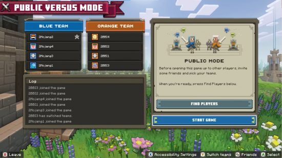 Minecraft Legends multiplayer: The lobby screen for the pvp online versus mode, showing a blue team and an orange team.