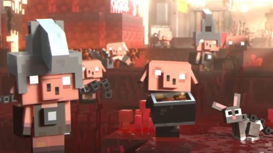 All Minecraft Legends mobs: An army of Piglin grunters and runts stand around, holding various tools and materials, like chains.