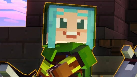 Minecraft Legends - a cyan-haired character sits atop a horse with a beaming smile on their face