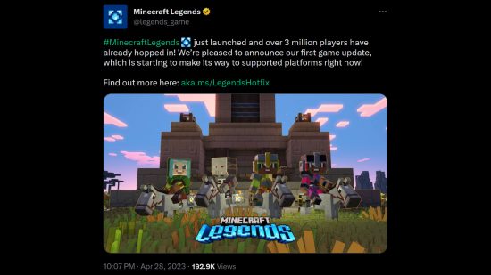 Minecraft Legends player count - Tweet from the game's official account, reading: "Minecraft Legends just launched and over 3 million players have already hopped in! We’re pleased to announce our first game update, which is starting to make its way to supported platforms right now!"