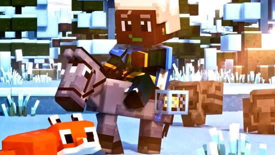 Minecraft Legends - a hero sitting on a horse in a snowy field as a fox looks on