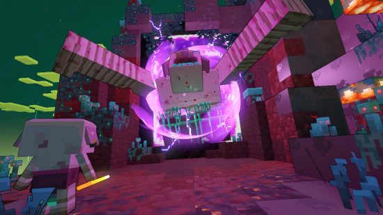 Minecraft Legends review: a giant pink piglin boss emerges from a Nether Portal