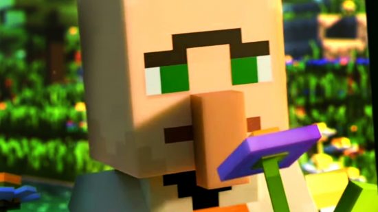 Minecraft Legends - a villager sniffs a purple flower in the strategy game